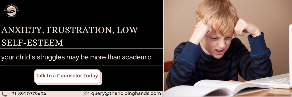 Frustrated child struggling with studies, showing anxiety and low self-esteem linked to learning disabilities, with counseling support call-to-action.