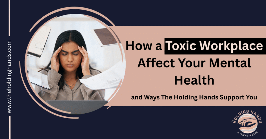 Stressed woman at workplace holding head - toxic workplace mental health effects illustration
