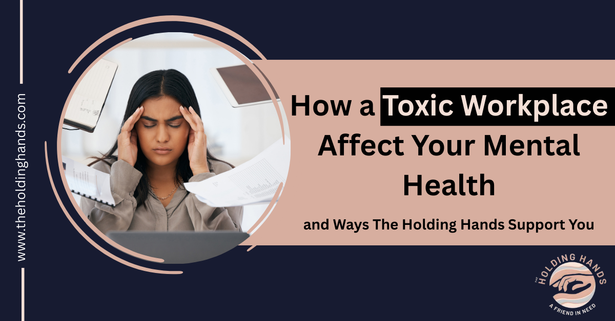 Stressed woman at workplace holding head - toxic workplace mental health effects illustration