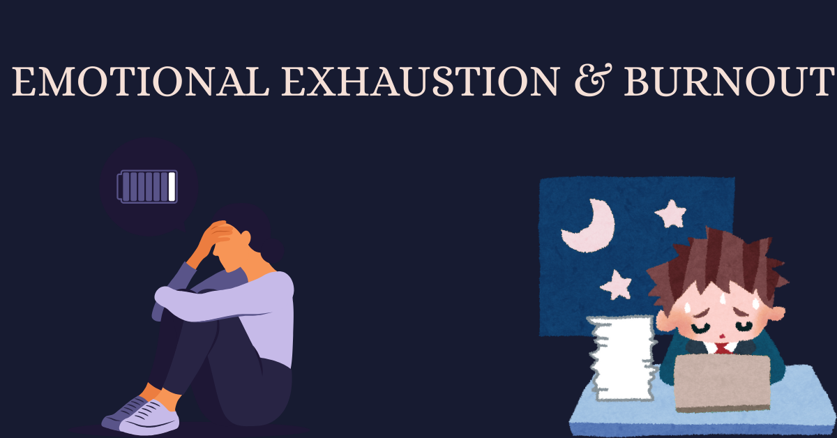 Workplace burnout illustration with exhausted employee and person working late at computer