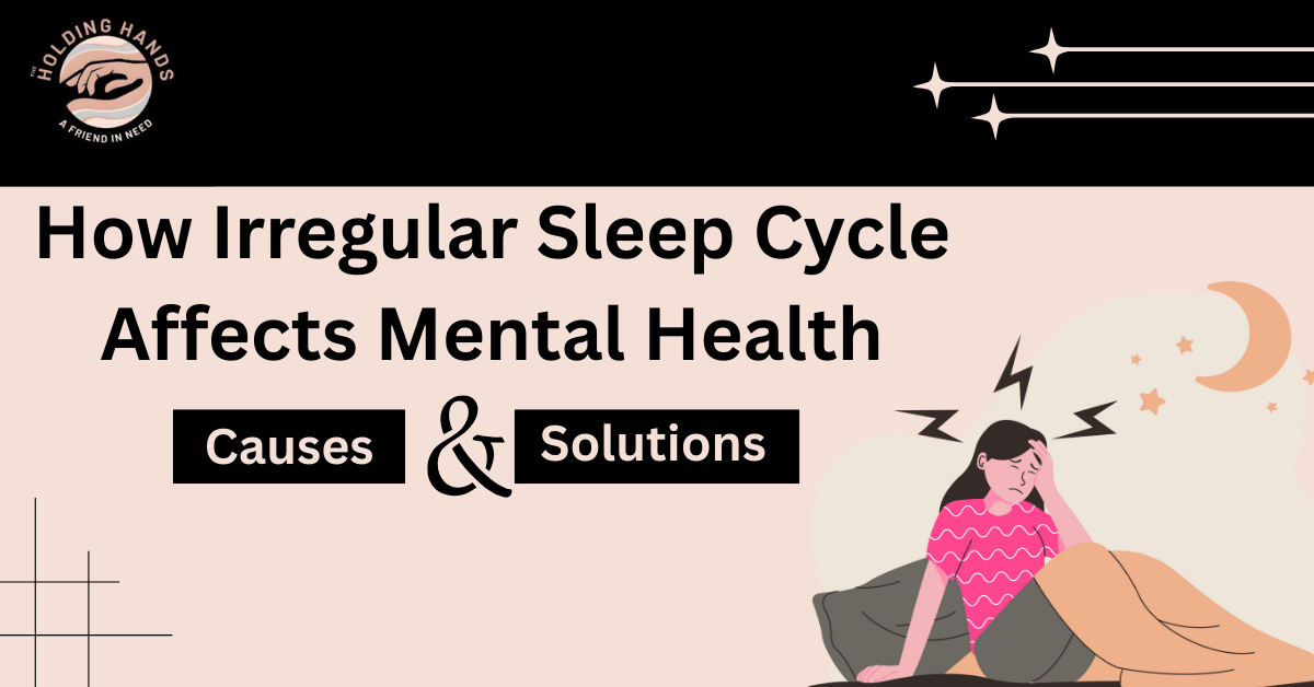 Woman experiencing sleep problems in bed - irregular sleep cycle and mental health infographic