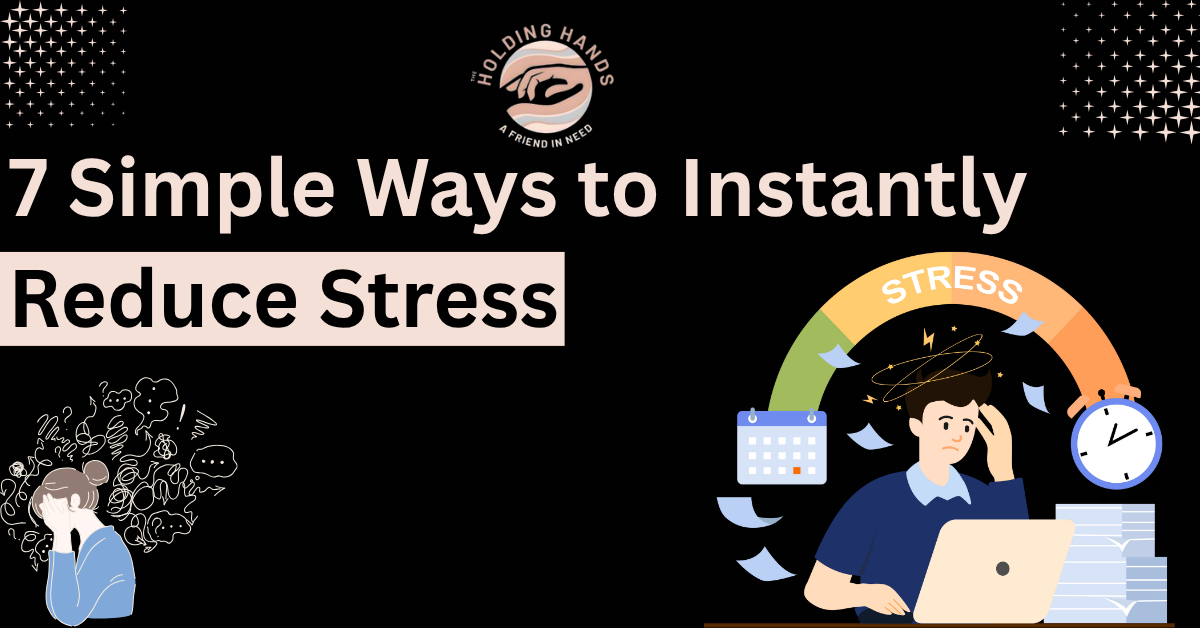 7 ways to reduce stress infographic with stressed individuals and stress management visual elements