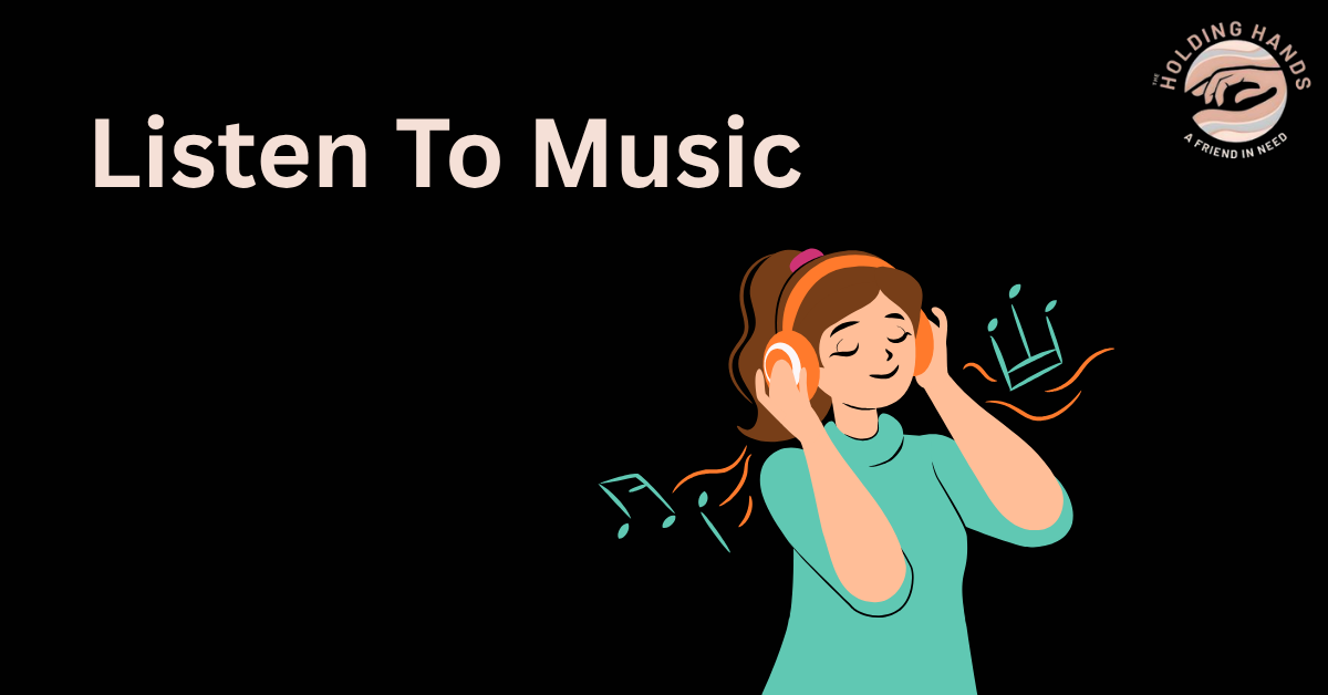 Listen to music for stress relief - illustration of person wearing headphones with musical notes