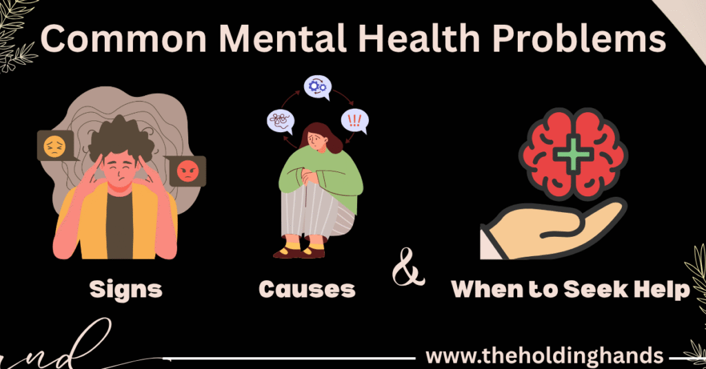 Illustration showing common mental health problems with visuals of stress, sadness, and anxiety — highlighting signs and when to seek help.