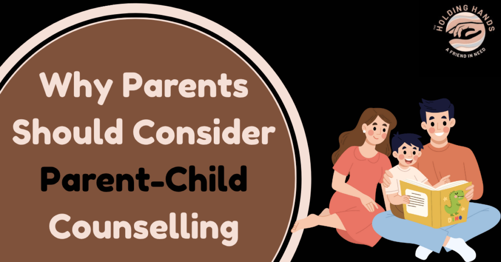 Illustration of a happy family reading together representing parenting counseling and parent-child counselling support.