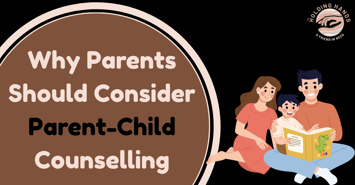 Illustration of a happy family reading together representing parenting counseling and parent-child counselling support.