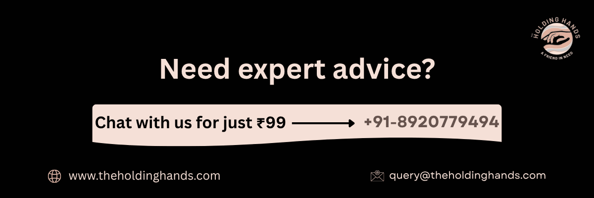 Promotional banner offering expert psychological advice through online chat for just ₹99 at The Holding Hands.