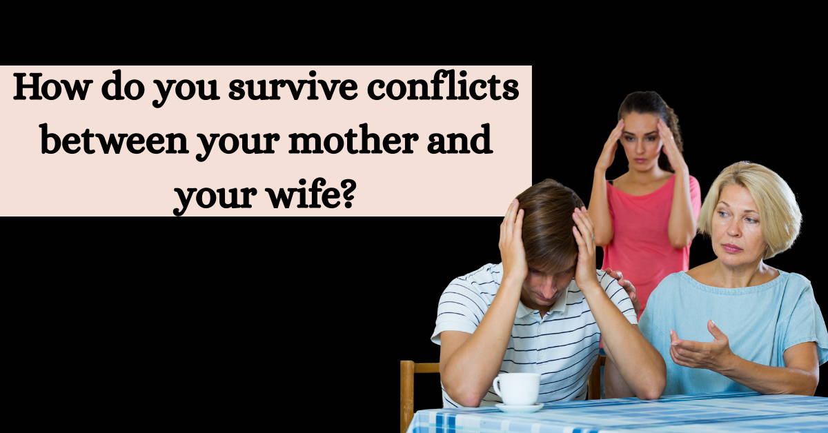 Illustration of a husband talking with his mother and wife during a family conflict