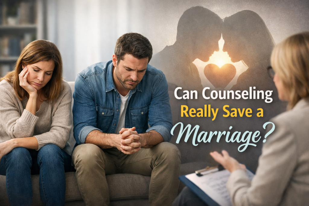 couple attending marriage counseling session with therapist discussing relationship problems