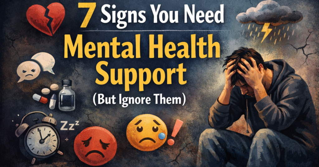 Illustration showing signs of mental health struggles including anxiety, depression, sleep issues, and emotional distress with a person feeling overwhelmed