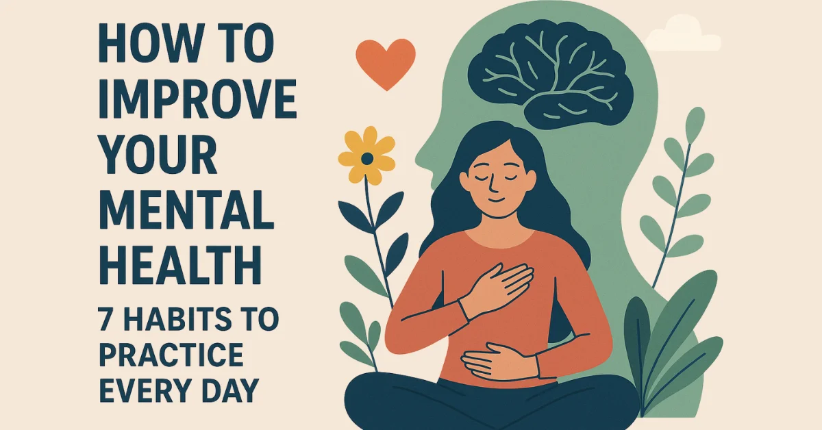 Illustration of a woman practicing mindful habits for good mental health — blog header image