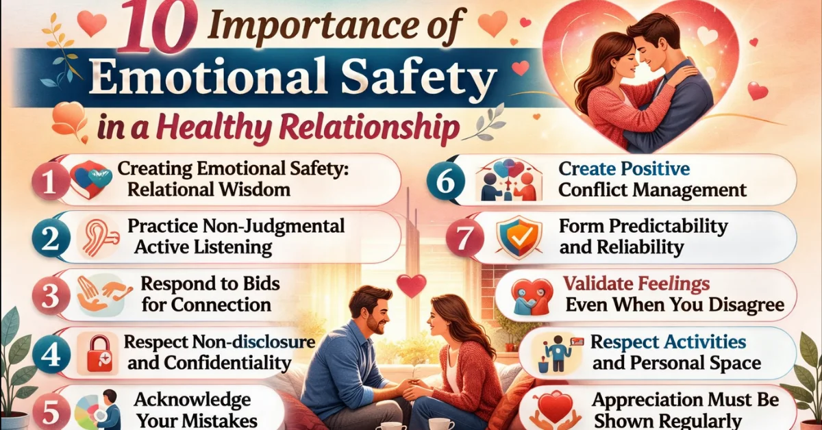 Infographic showing 10 importance of emotional safety in a healthy relationship, including trust, validation, and conflict management