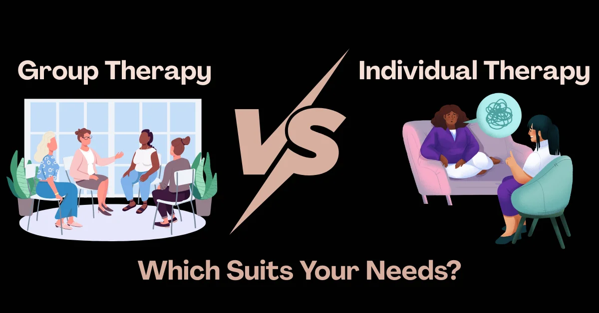 Illustration comparing group therapy and individual therapy sessions side by side