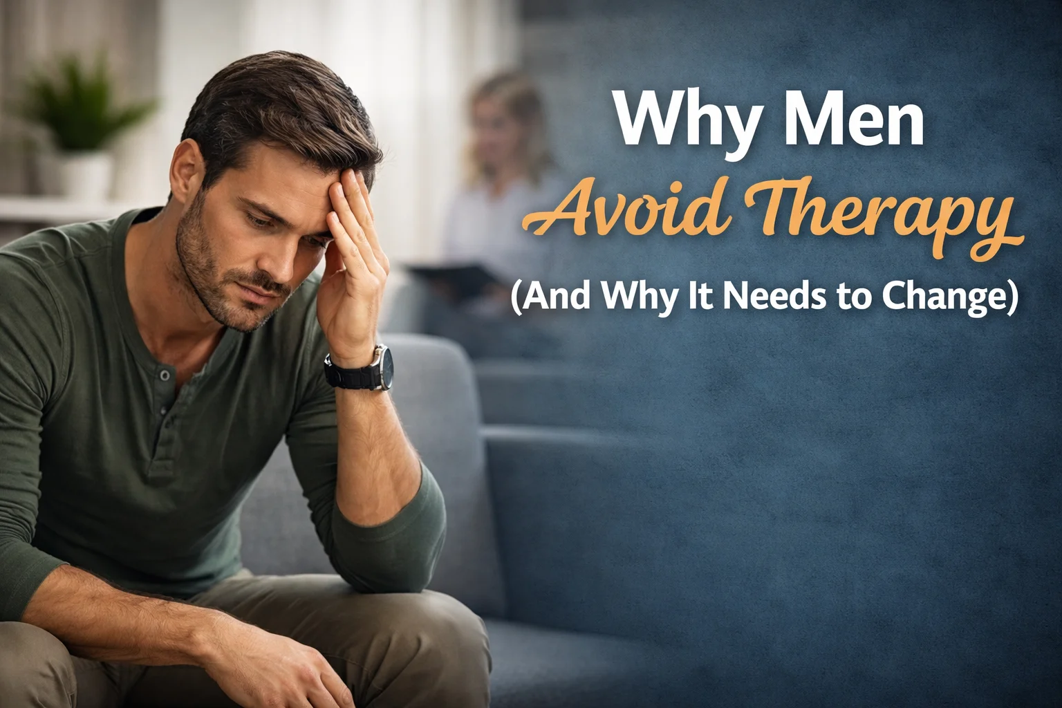 Man sitting thoughtfully during therapy session representing men’s mental health and why men avoid therapy