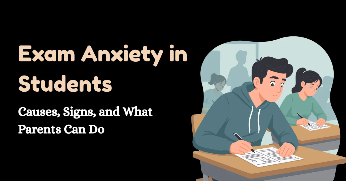Student experiencing exam anxiety while writing a test in classroom